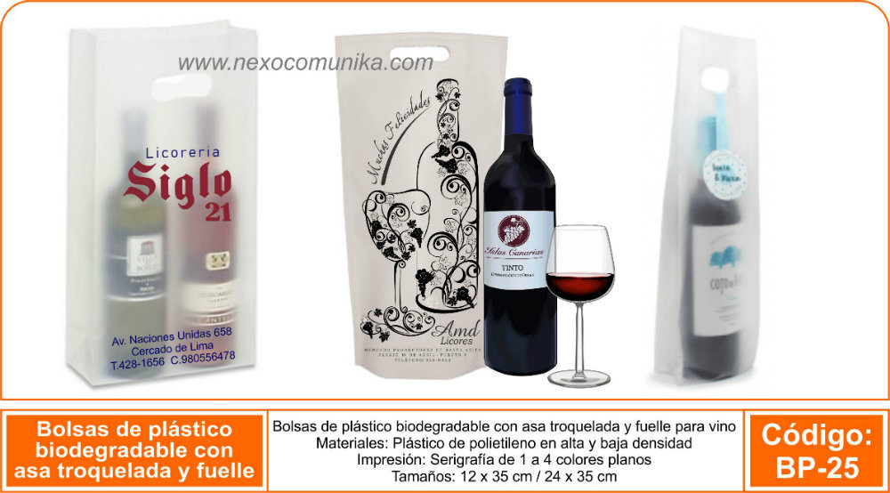 bolsas Plástica pavonado con fuelle para vino - Nexo Comunika SAC